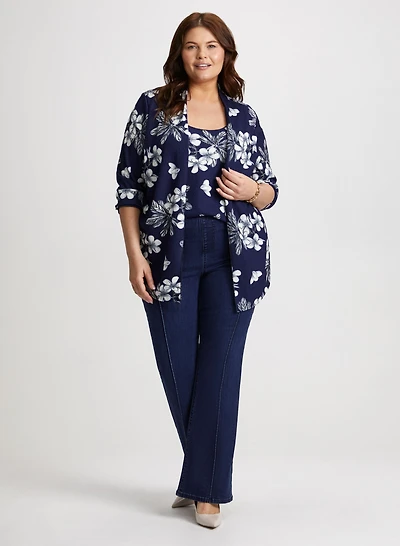 Floral Print Fooler Top & Pull-On Bootcut Jeans