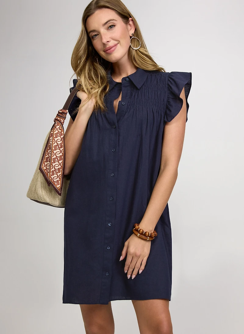 Linen-Blend Button-Down Dress