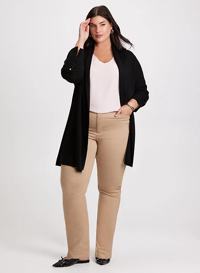 Open-Front Cardigan & Coated Jeans