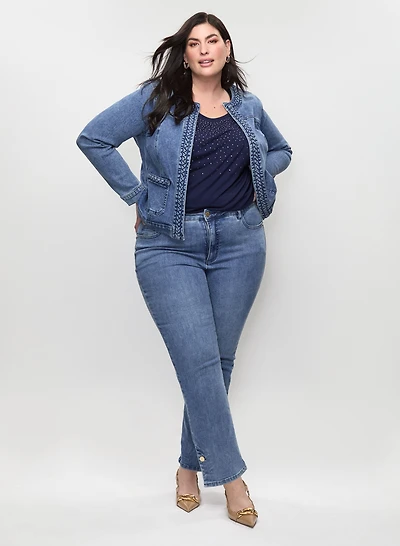 Braid Trim Denim Jacket & Slit Hem Straight Leg Jeans