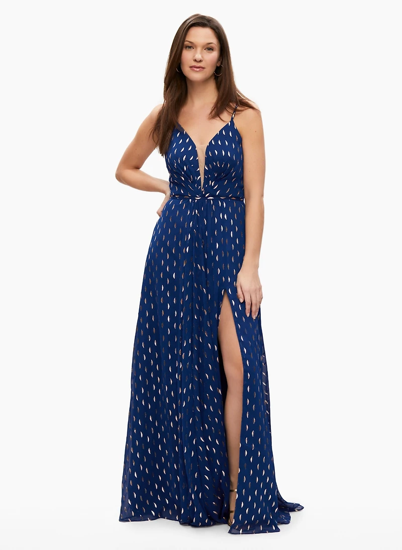 Robe longue à motif de feuilles dorées