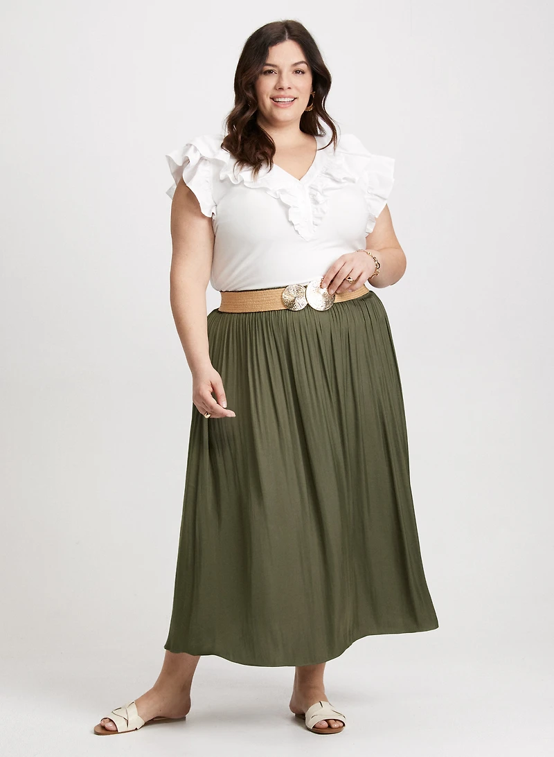 Ruffle Trim Tee & Satin Maxi Skirt