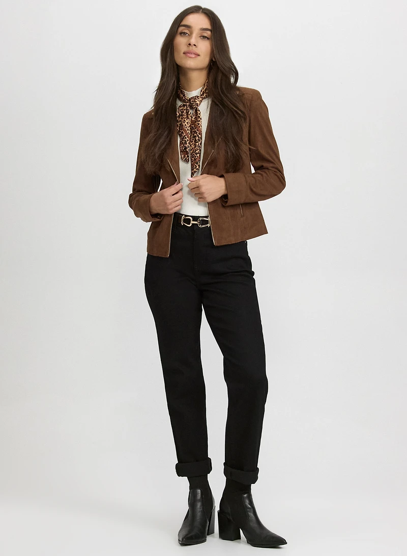 Faux-Suede Zip Jacket & Straight-Leg Jeans
