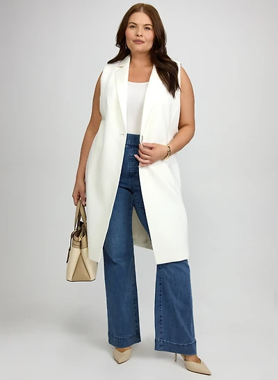 Single-Button Long Vest & Pull-On Flare-Leg Jeans