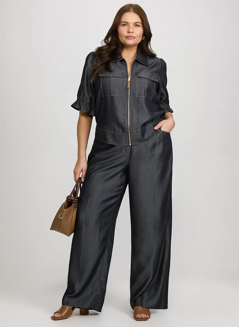 Veste en denim lyocell à manches courtes et pantalon Olivia à jambe large