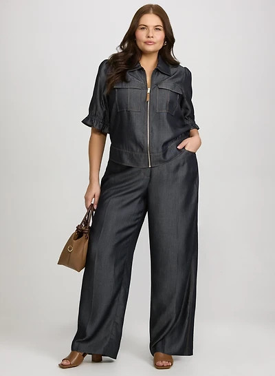 Veste en denim lyocell à manches courtes et pantalon Olivia à jambe large