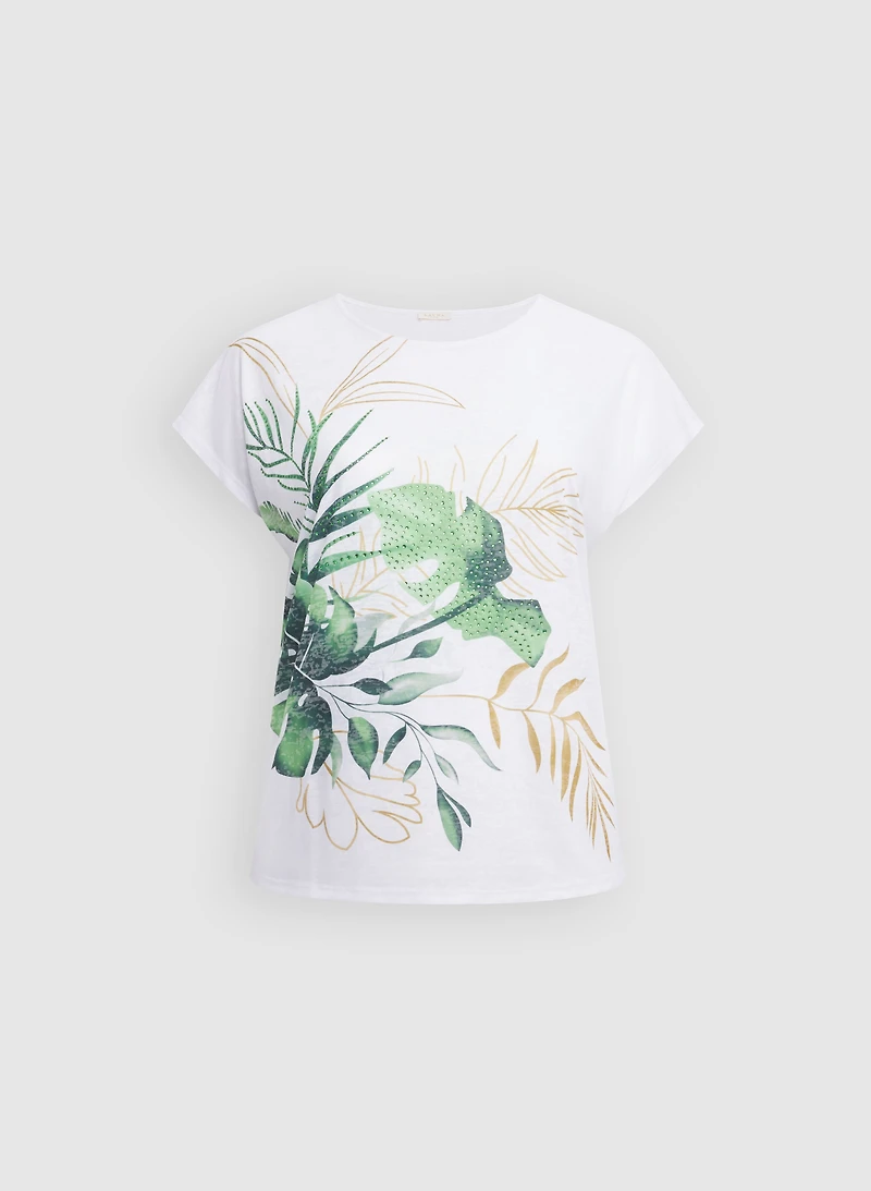 T-shirt à imprimé tropical et pierres