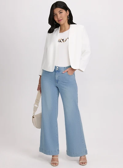 Short Collarless Jacket & Wide-Leg Jeans