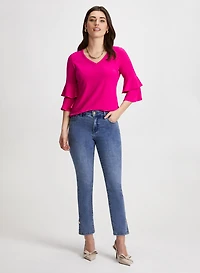 Ruffle Sleeve V-Neck Top & Button Hem Jeans