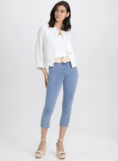 Short Linen Jacket & Embroidered Hem Jeans