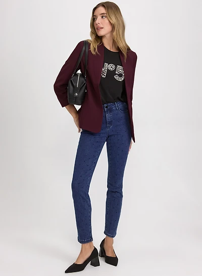 Twill 3/4 Sleeve Blazer & Rhinestone Embellished Jeans