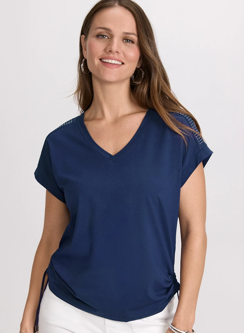 Ruched Rhinestone Detail T-Shirt