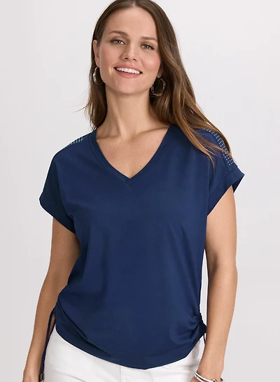 Ruched Rhinestone Detail T-Shirt