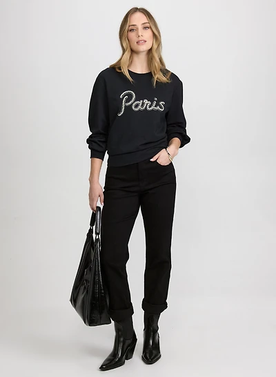 Haut à imprimé texte orné et jean à jambe droite