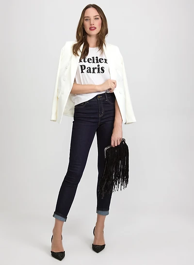 Peaked Lapel Blazer & Slim-Leg Denim Pants