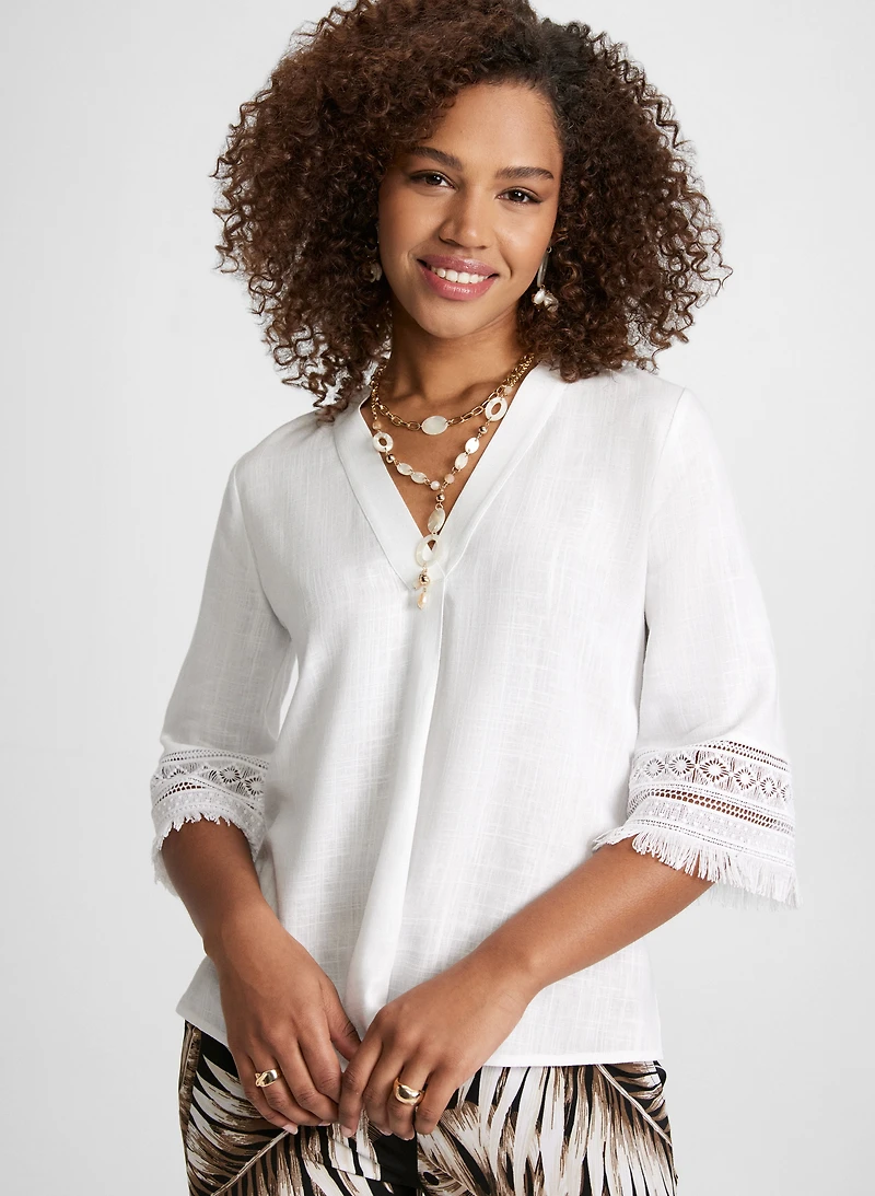 Blouse en mélange de lin avec manches à broderies et franges