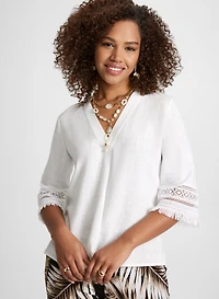 Blouse en mélange de lin avec manches à broderies et franges
