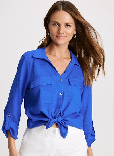 Blouse à manches roulées en mélange de lin