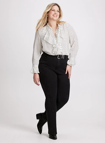 Blouse à motif pois et jean à détails de pierres