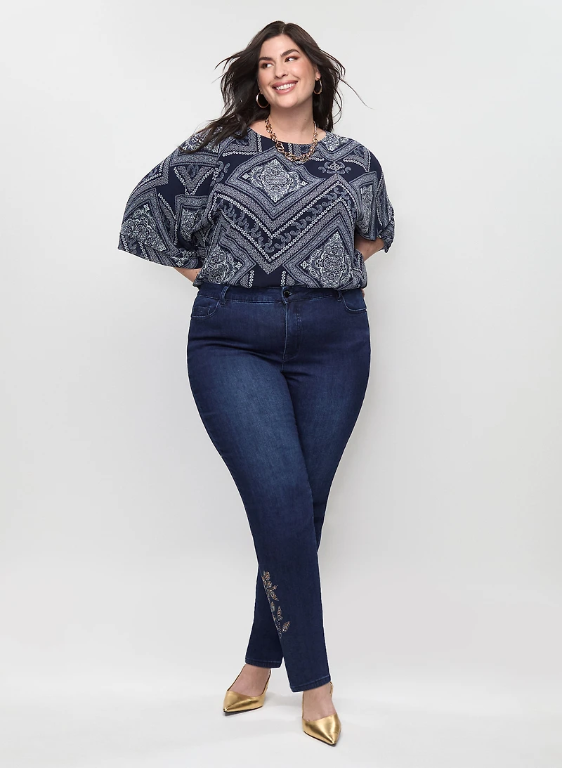 Paisley Print Blouse & Embellished Hem Jeans