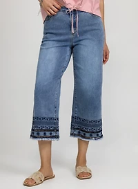 Denim Embroidered Hem Capris