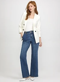 Pin Stripe Open-Front Blazer & Pinched Seam Flare-Leg Jeans