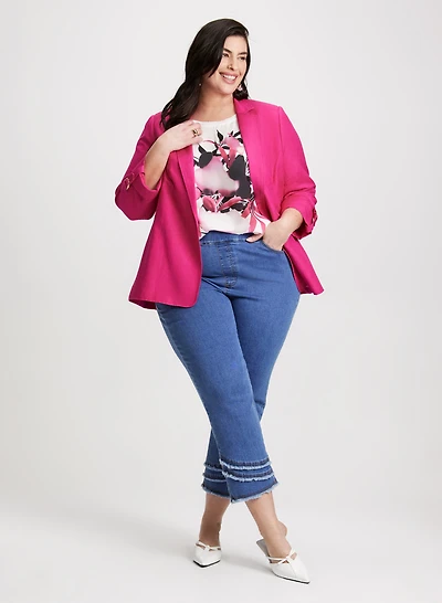 Linen-Blend Open Front Jacket & Pull-On Frayed Capri Jeans