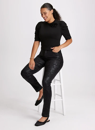 Detachable Rosette Knit Top  & Cheetah Print Jeans