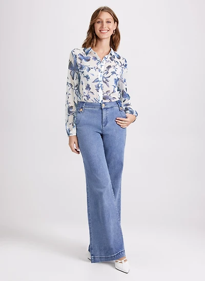 Floral Chiffon Button Blouse & Faded Wide-Leg Jeans