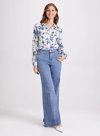Floral Chiffon Button Blouse & Faded Wide-Leg Jeans