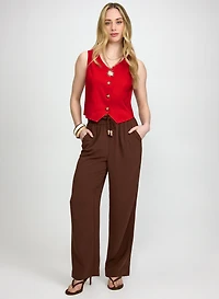 Button Linen-Blend Vest & Crinkled Wide-Leg Pants