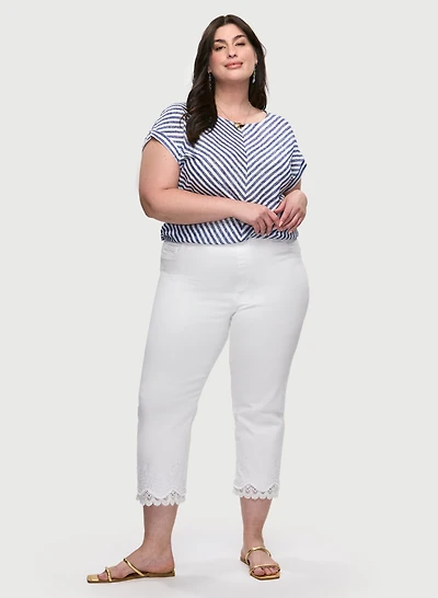 Diagonal Stripe Cap Sleeve Top & Lace Hem Denim Capris