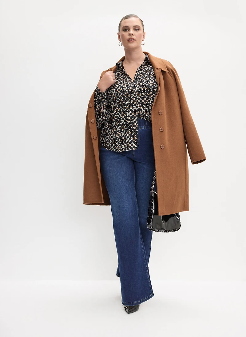 Notch Collar Wool-Blend Coat & Pull-On Flare-Leg Jeans