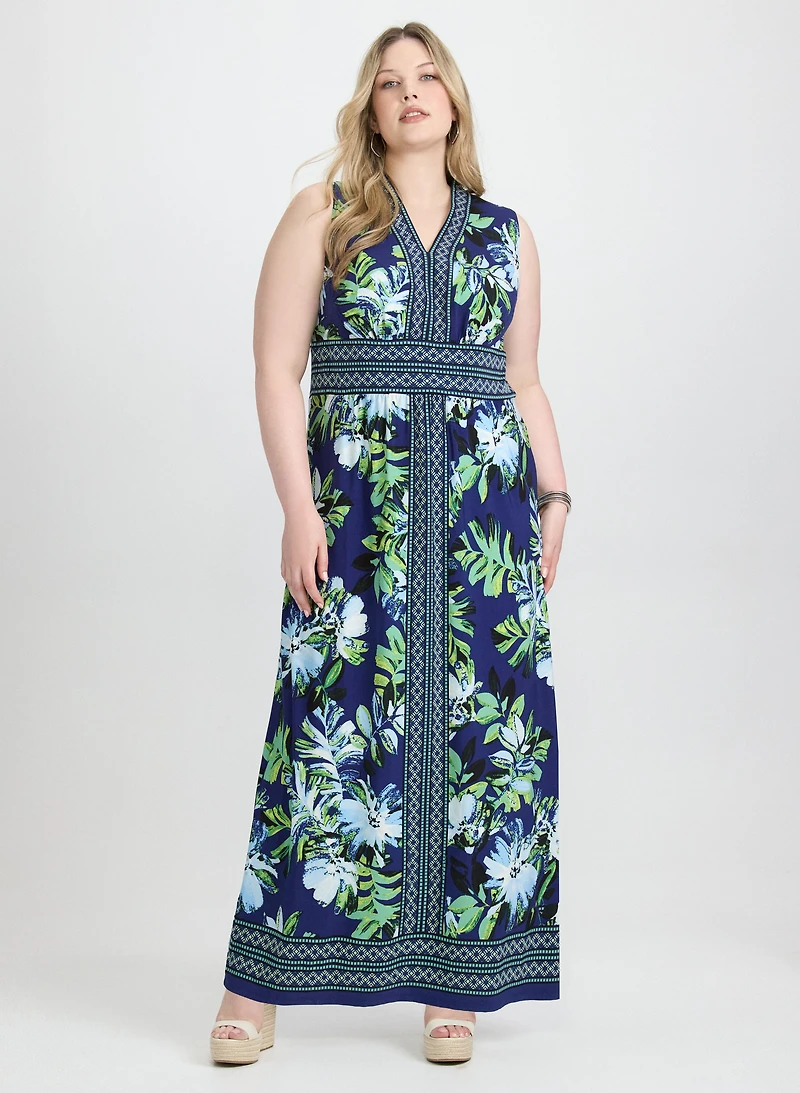 Robe maxi florale à bordure contrastante