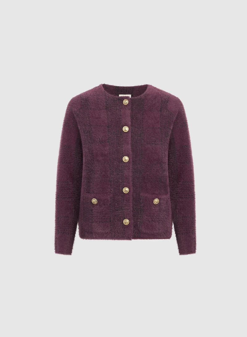 Plaid Brushed Knit Cardigan