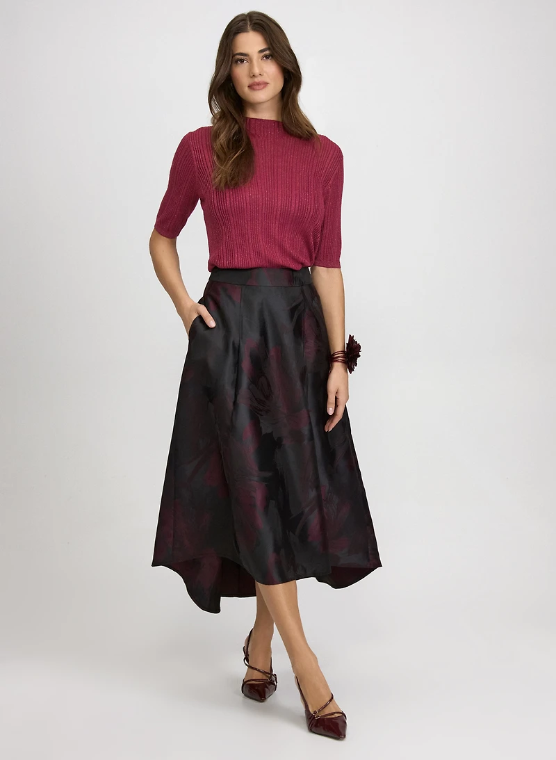 Metallic Knit Pullover & Floral Satin Skirt