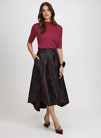Metallic Knit Pullover & Floral Satin Skirt