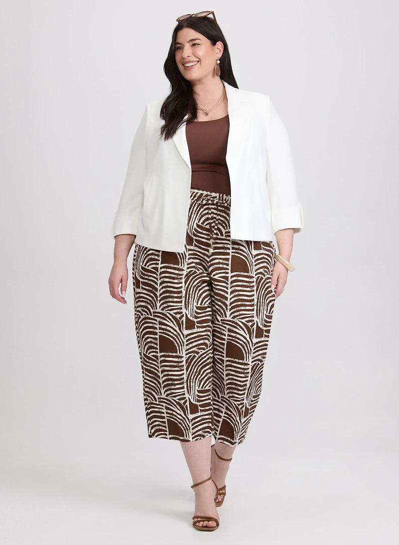 Open Crinkle Jacket & Abstract Linen-Blend Culottes