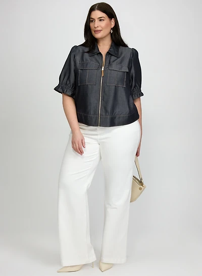 Tencel-Denim Short Sleeve Jacket & Braided Waist Trim Wide-Leg Jeans