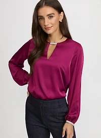 Satin Jeweled Trim Blouse