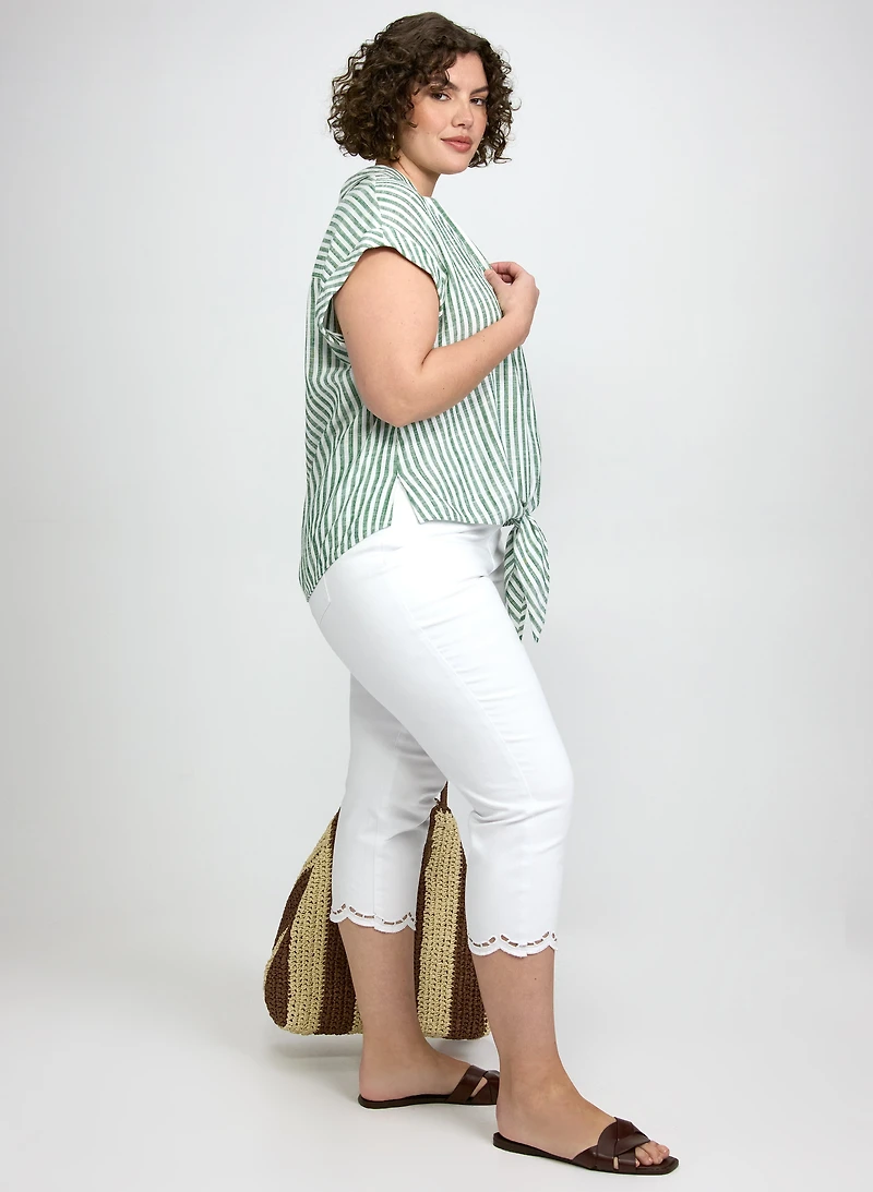 Stripe Front Tie Blouse & Straight-Leg Capris