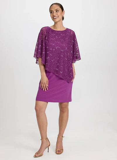 Sequined Lace Capelet Dress
