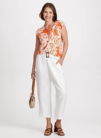 Leaf Print Top & Belted Linen-Blend Capris