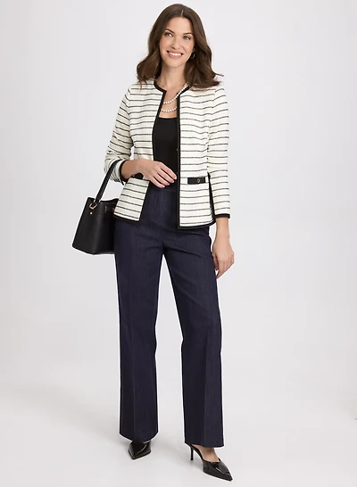 Striped Contrast Trim Jacket & Olivia Denim Wide-Leg Pants