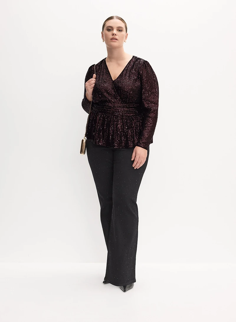 Crossover Sequin Top & Studded Flare-Leg Jeans