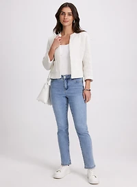 Short Crochet Jacket & Tonal Stone Embellished Straight-Leg Jeans