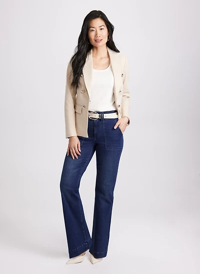 Denim Double-Breasted Blazer & Flare Leg Jeans