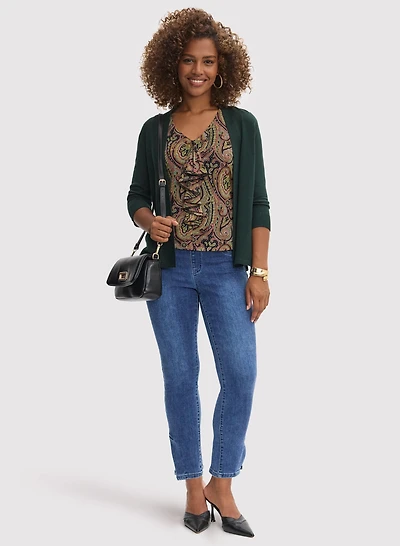 Cardigan en tricot et jean à ourlet orné