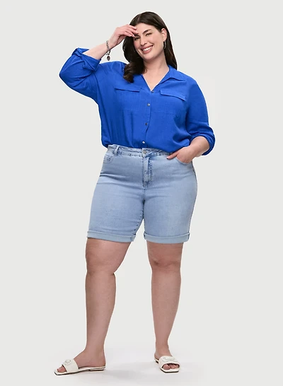 Rolled Sleeves Linen-Blend Blouse & Denim Bermuda Shorts