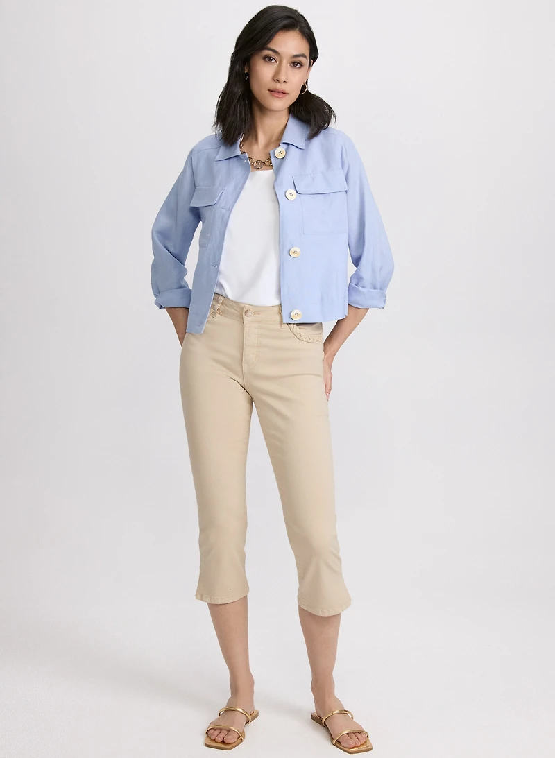 Short Linen Jacket & Braided Trim Denim Capris